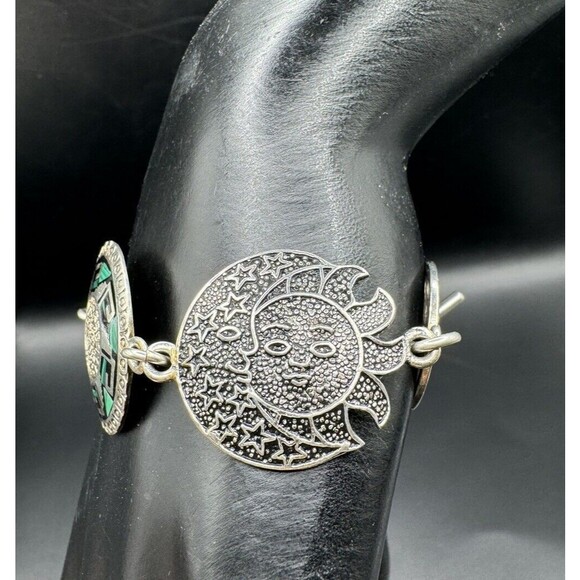 Artisan Mayan Aztec Link Bracelet Sterling 925 Mexico Signed 7 1/4" Enamel - Picture 4 of 10